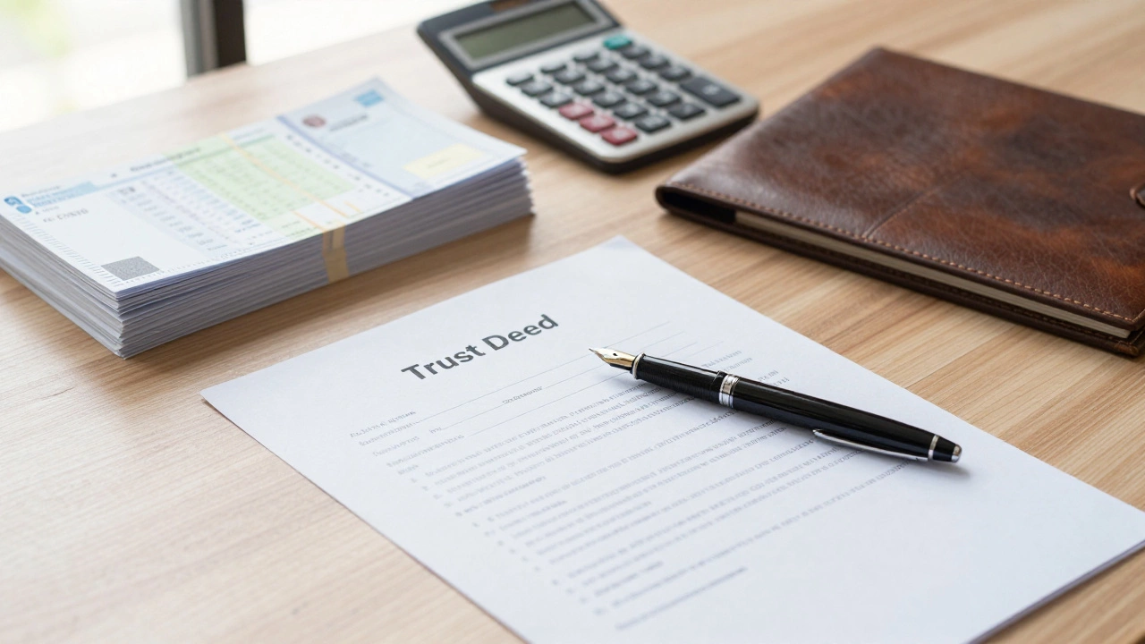 A trust deed document and organized receipts on a desk, symbolizing professional trust administration.