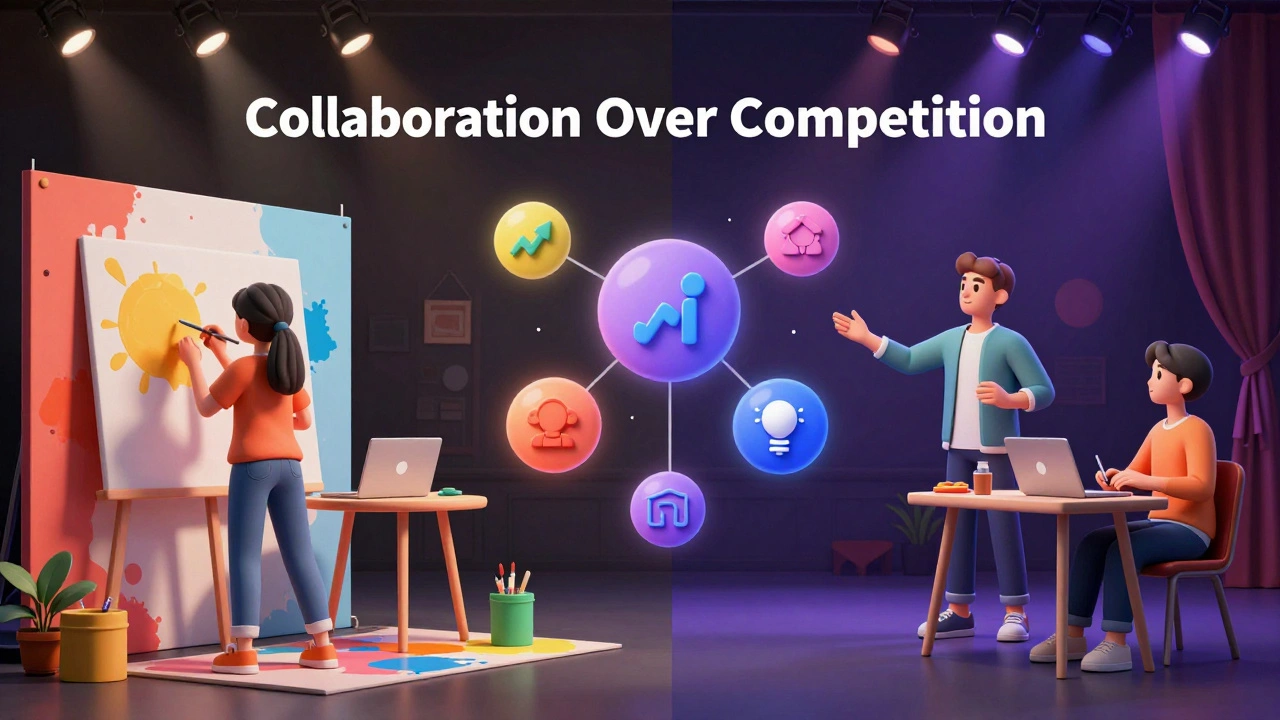 Art and drama club students collaborating on a creative stage backdrop project.