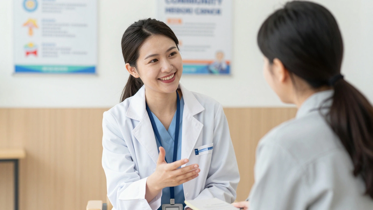 Case manager assisting a client at a community resource center