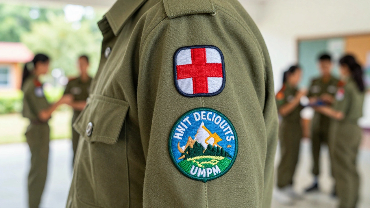 Close-up of various merit badges embroidered on a youth organization uniform sleeve.