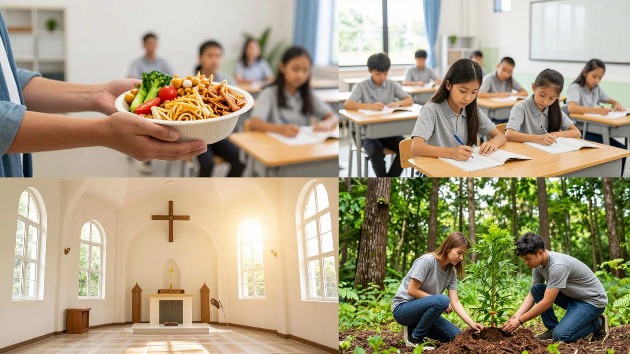 Collage of charitable acts including poverty relief, education, religion, and environmental protection.