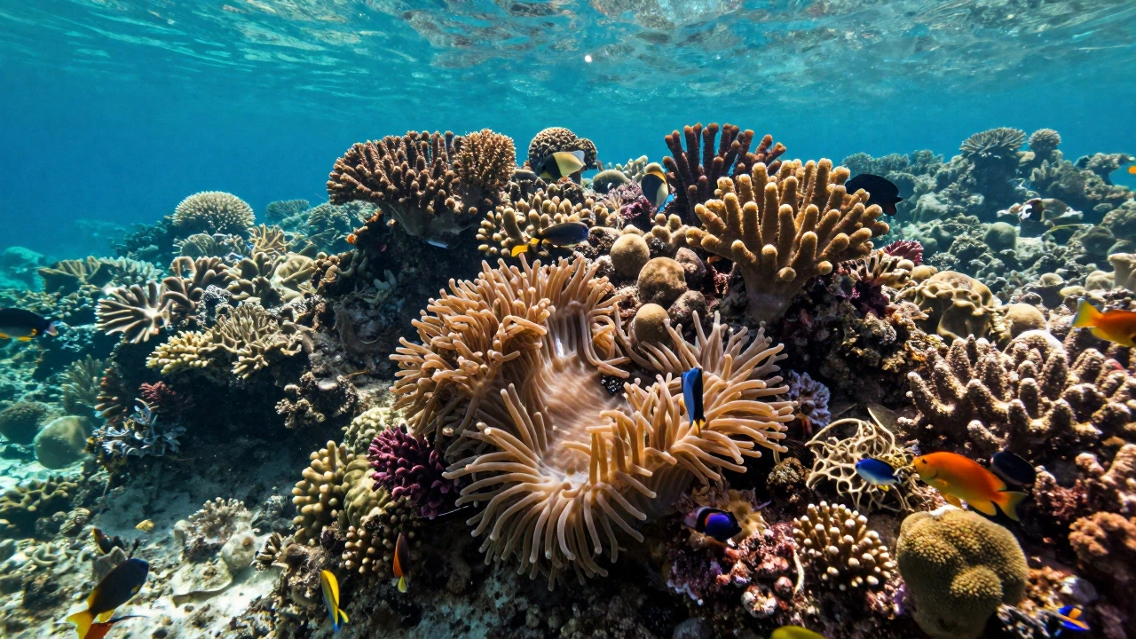 Colorful coral reef ecosystem with various fish and intricate coral structures underwater