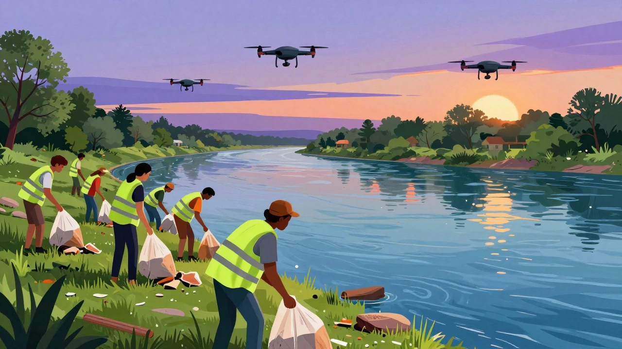 Community members cleaning a river with drones monitoring water