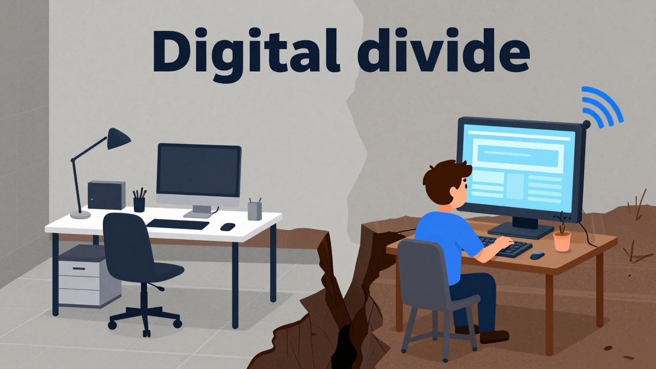 Conceptual art showing a divide between a high-tech workspace and a low-tech environment
