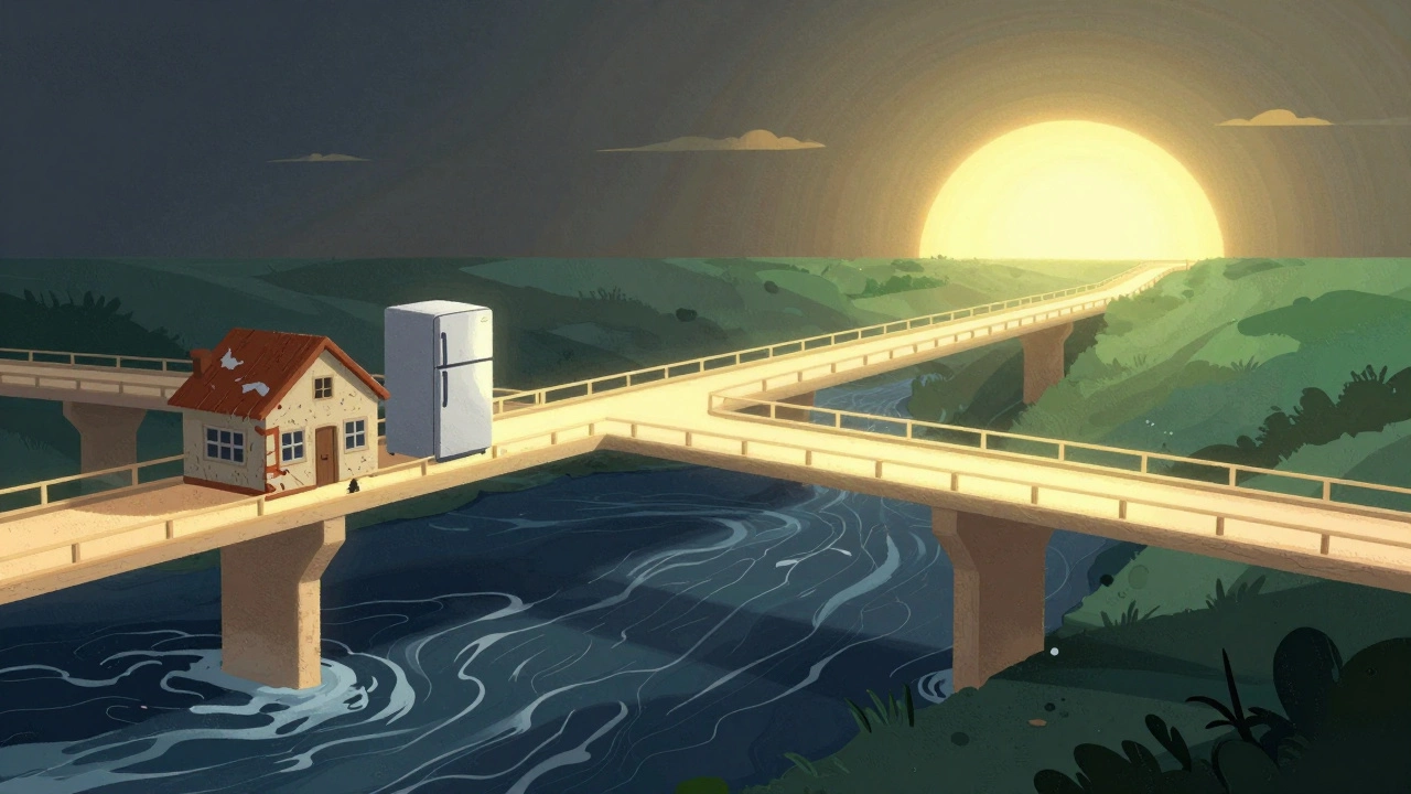 Conceptual bridge leading from hardship to financial stability and security