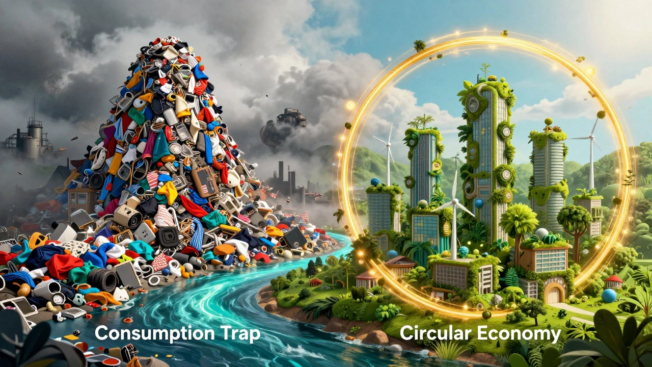 Contrast between a mountain of industrial waste and a green, sustainable circular city.
