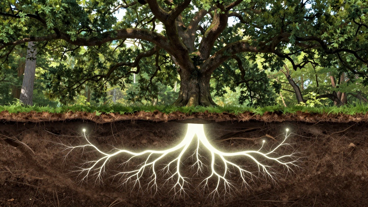 Cross-section of an oak forest showing the underground mycorrhizal fungal network