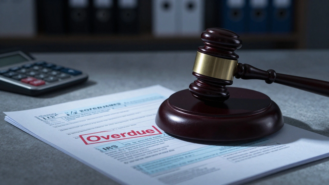 Gavel and overdue tax forms representing legal penalties and IRS non-compliance