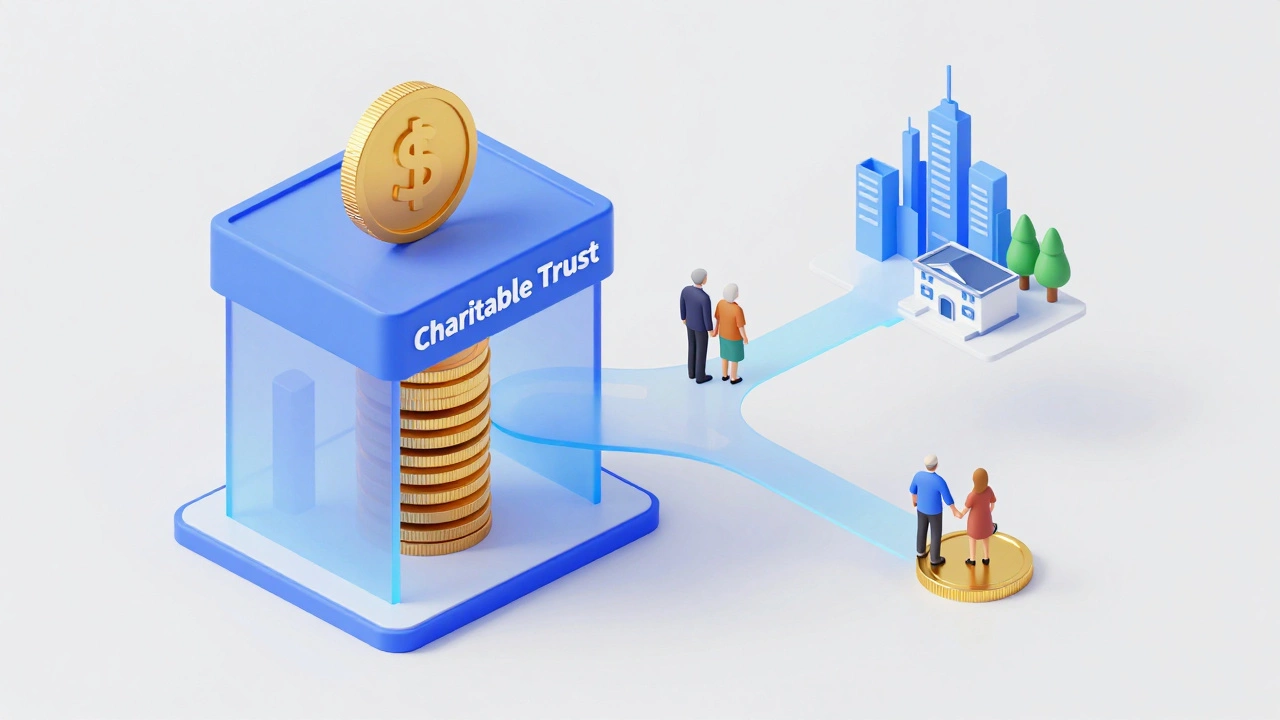 Isometric 3D diagram showing wealth flowing through a trust to a couple and charities.