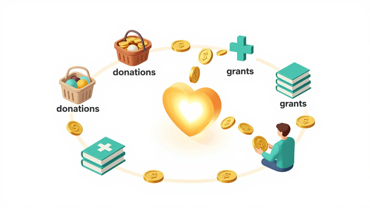 Isometric diagram showing funds being reinvested into social services and missions