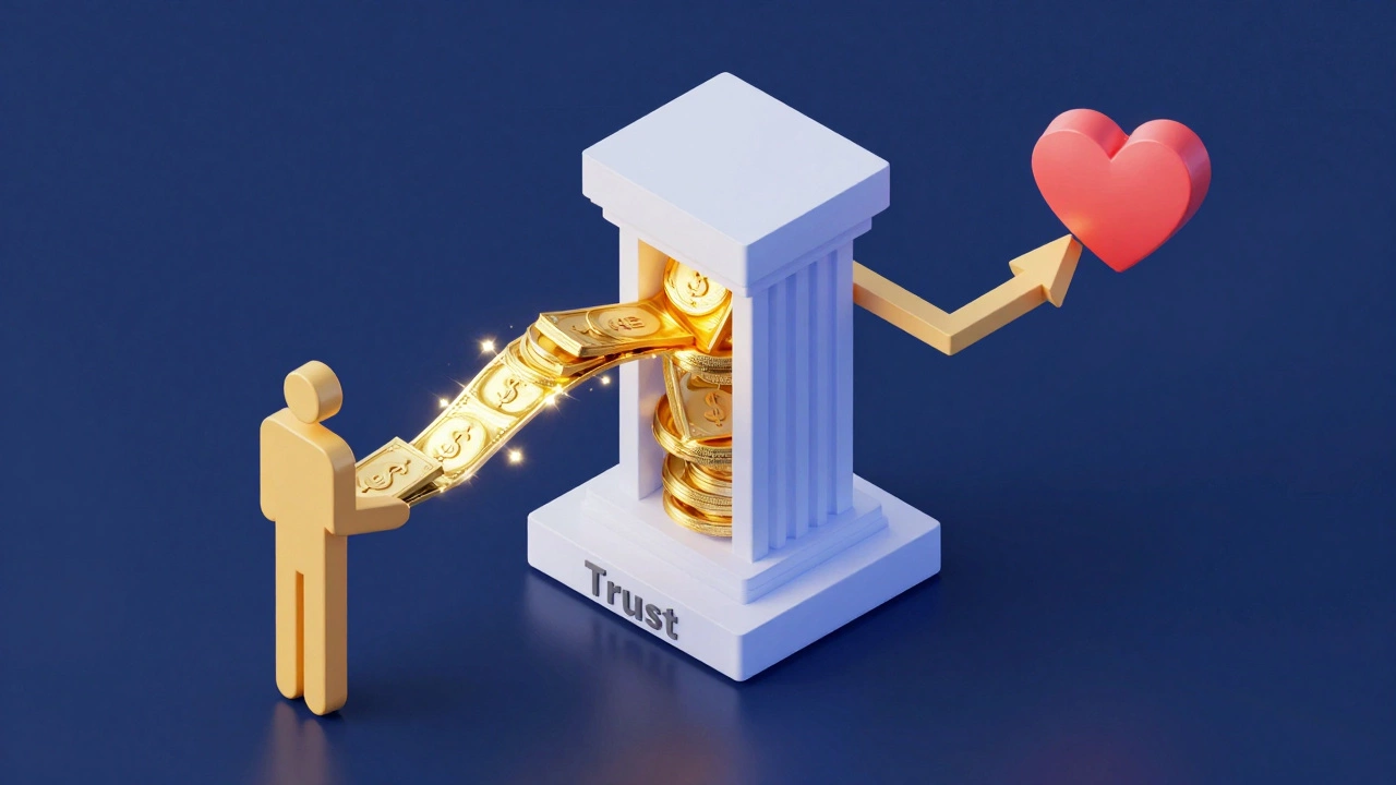 Isometric diagram showing money flowing from a trust to a beneficiary and a charity