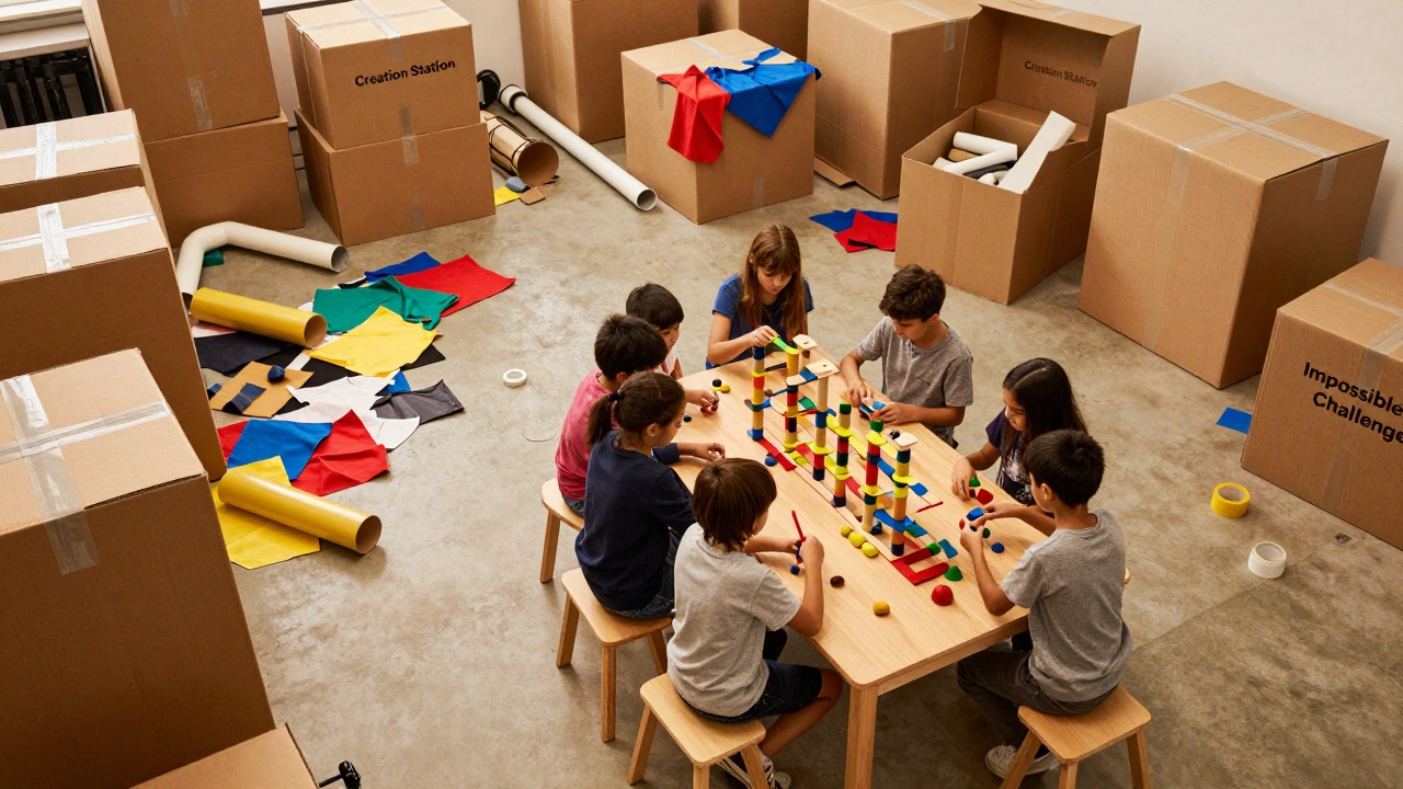 Kids building a marble run using cardboard boxes and pipes at a creation station.