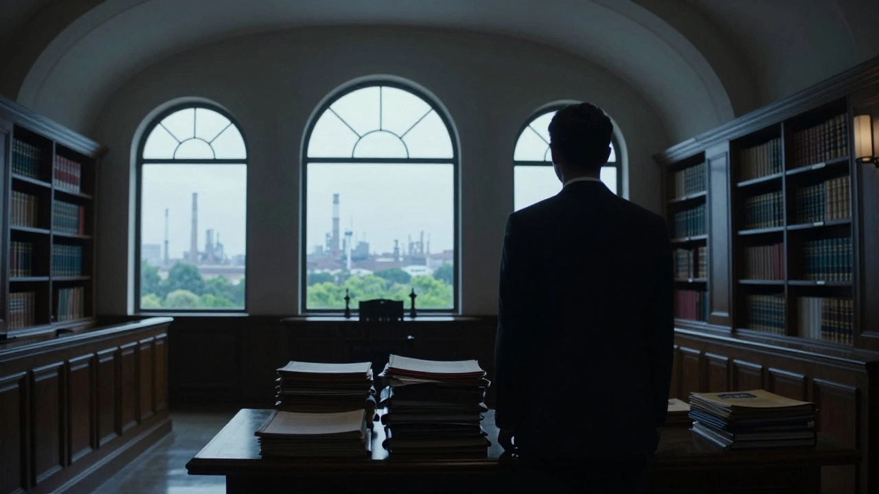 Lawyer reviewing files in a historic courtroom for environmental law