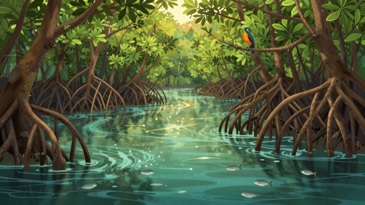 Mangrove trees with roots submerged in water, connecting land and sea ecosystems.