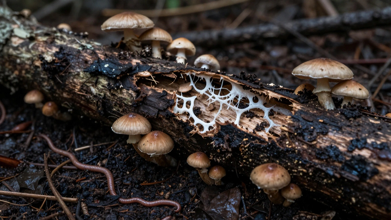 Mushrooms and earthworms decomposing a fallen log in rich forest soil