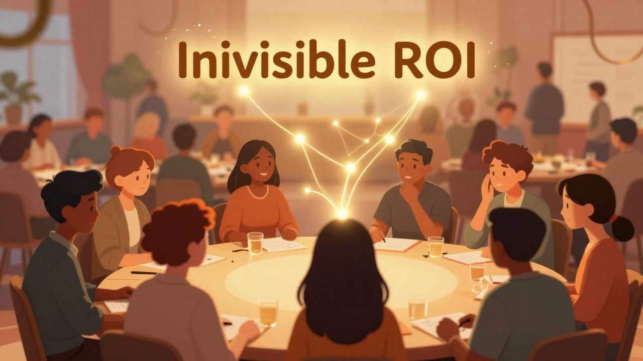 People connecting at a charity event with golden lines symbolizing new relationships.