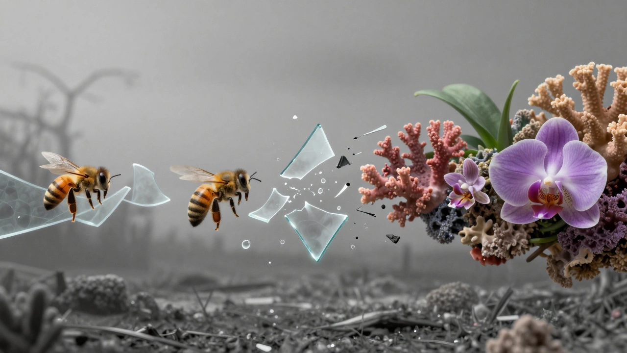 Shattering translucent chain of bees, coral, and plants over a grey deforested background.