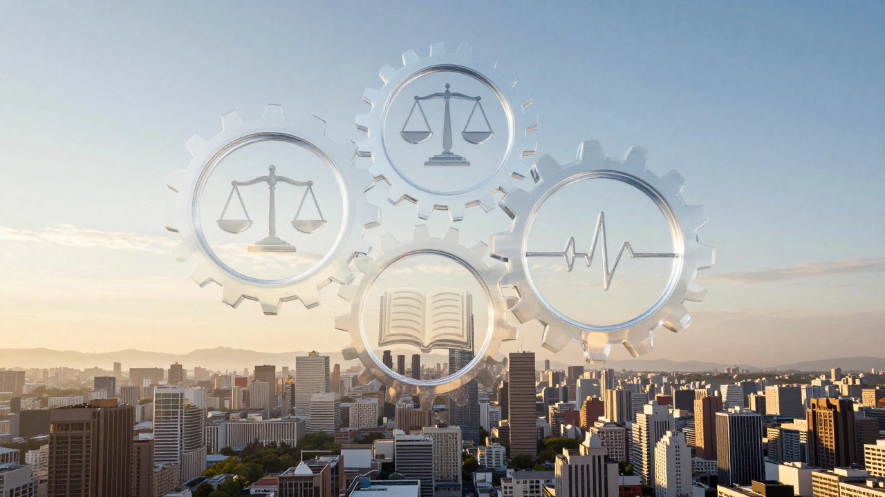 Translucent glass gears containing social symbols floating over a city at sunrise.