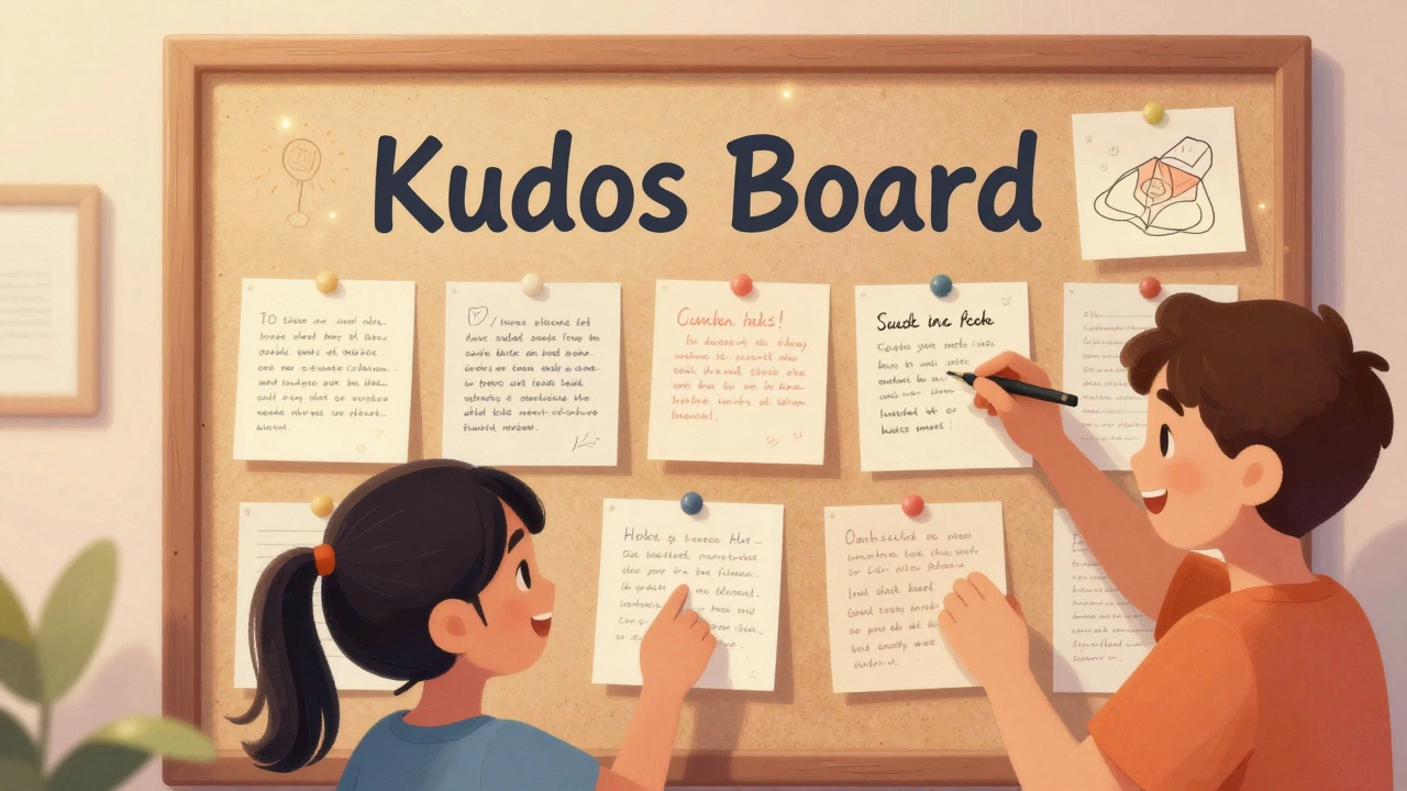 Two children smiling while adding a kind note to a Kudos Board in a cozy room.