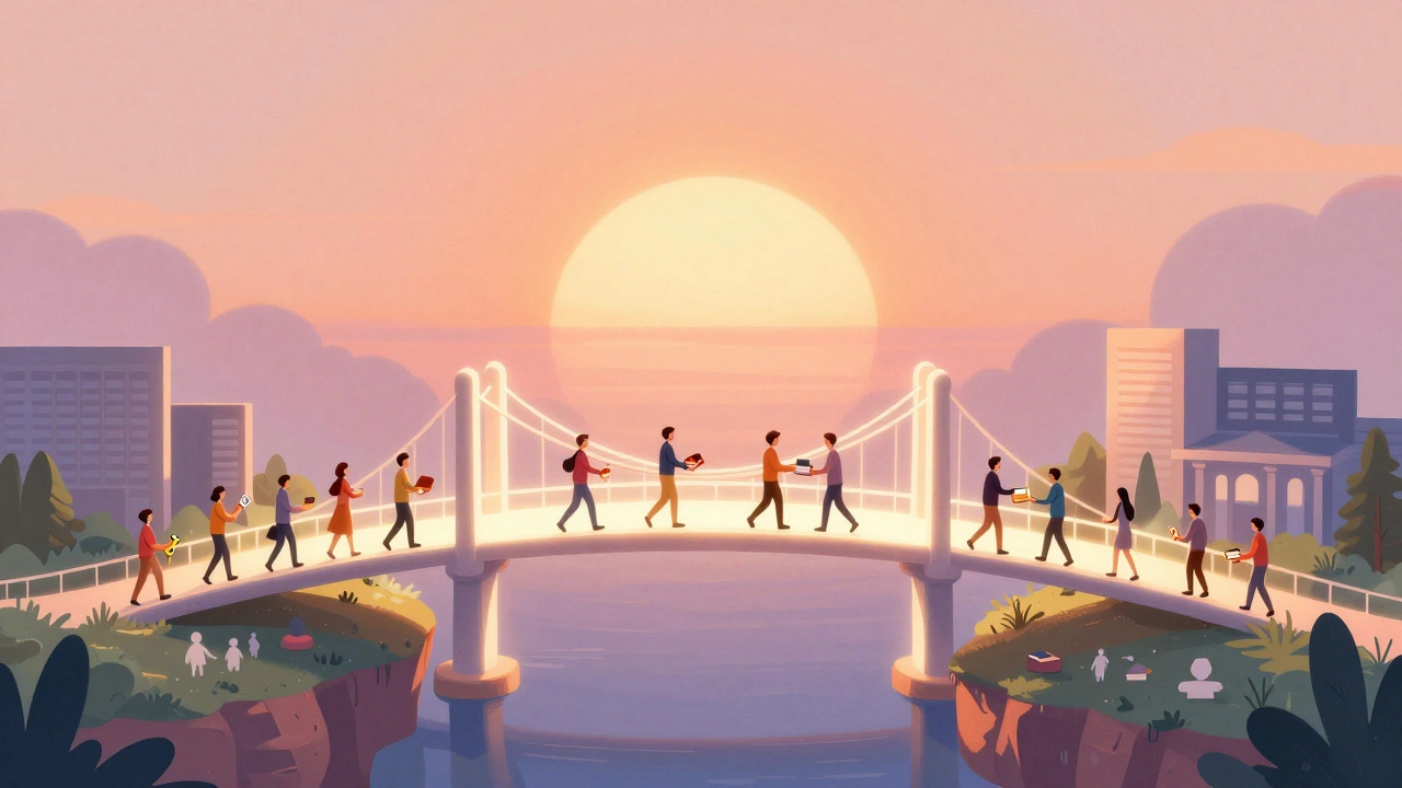 Artistic concept of a bridge connecting communities to symbolize outreach and advocacy.