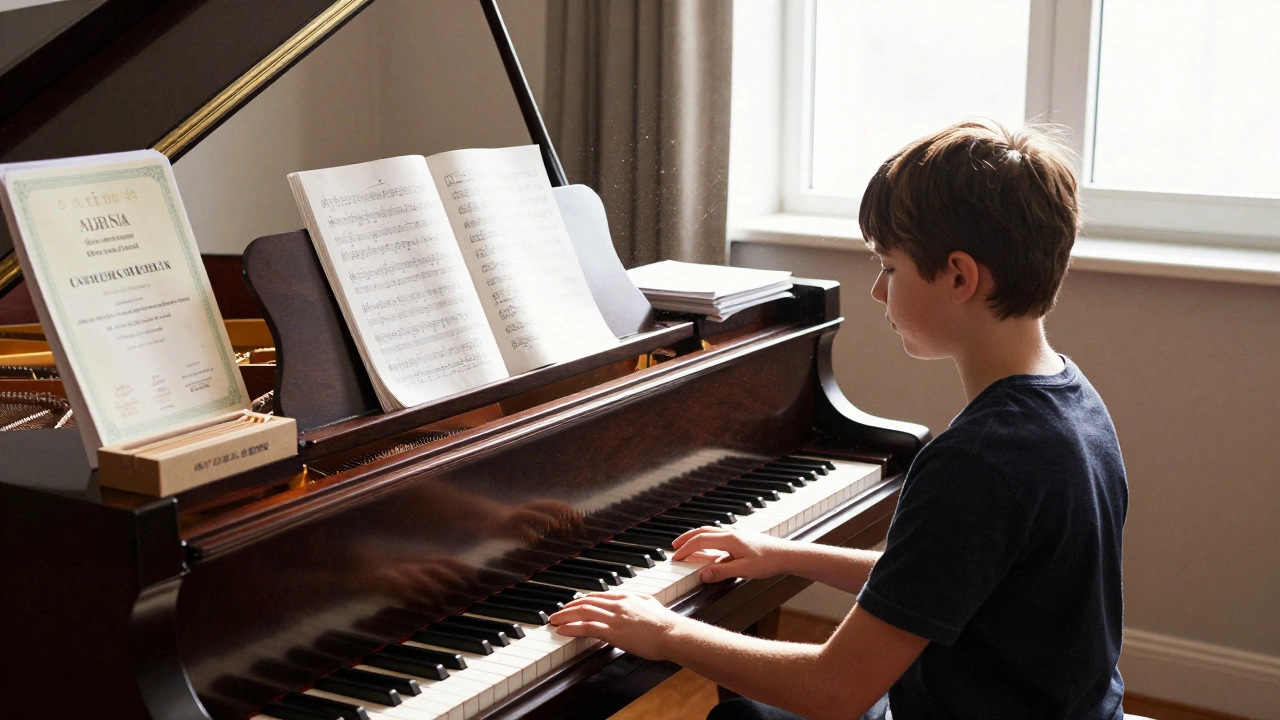 Child taking private piano lesson with exam certs