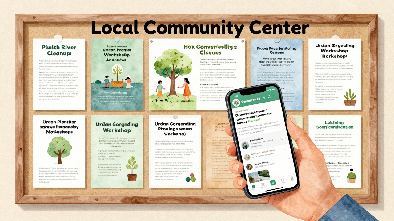 Community notice board with environmental event flyers