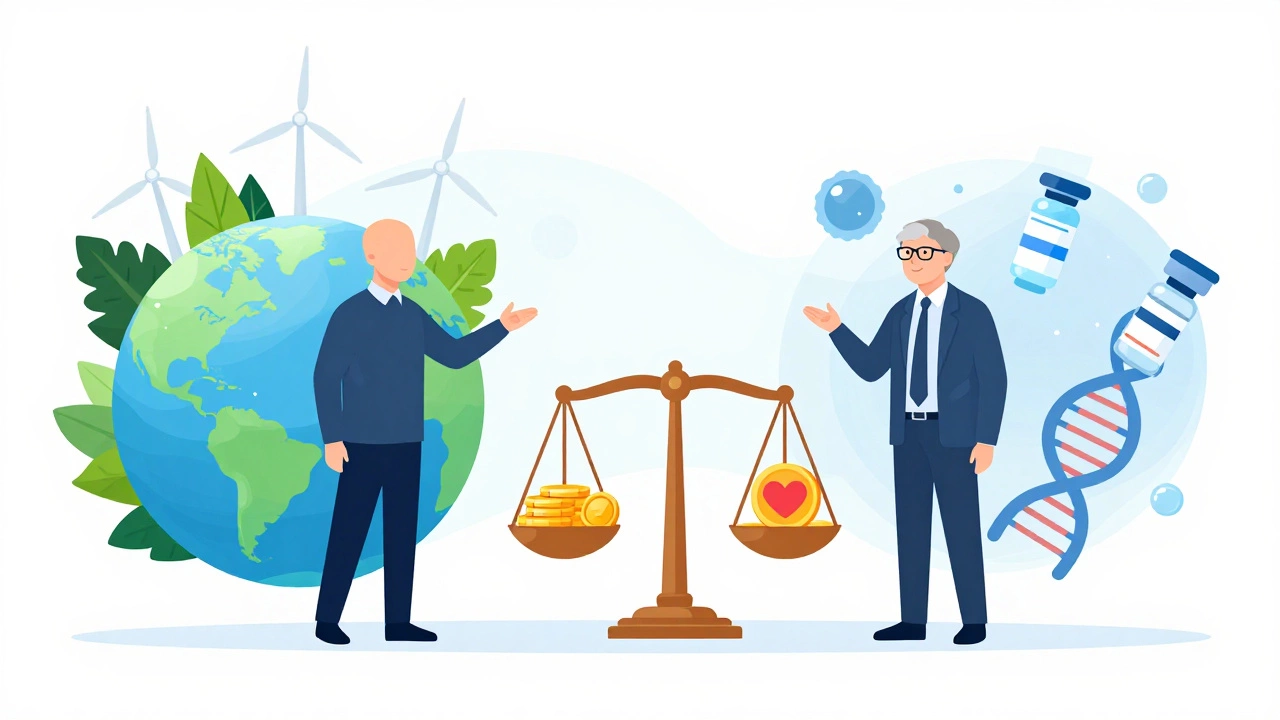 Conceptual art comparing climate change funding versus global health initiatives