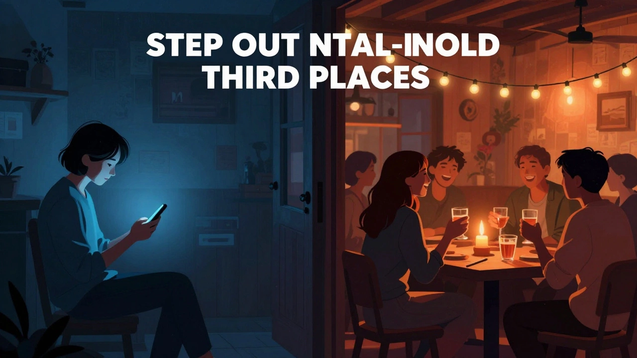 Conceptual art showing shift from digital loneliness to connection