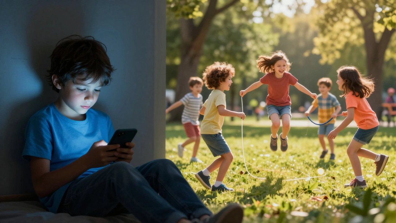 Contrast between a lonely child on a phone and happy kids playing outdoors together