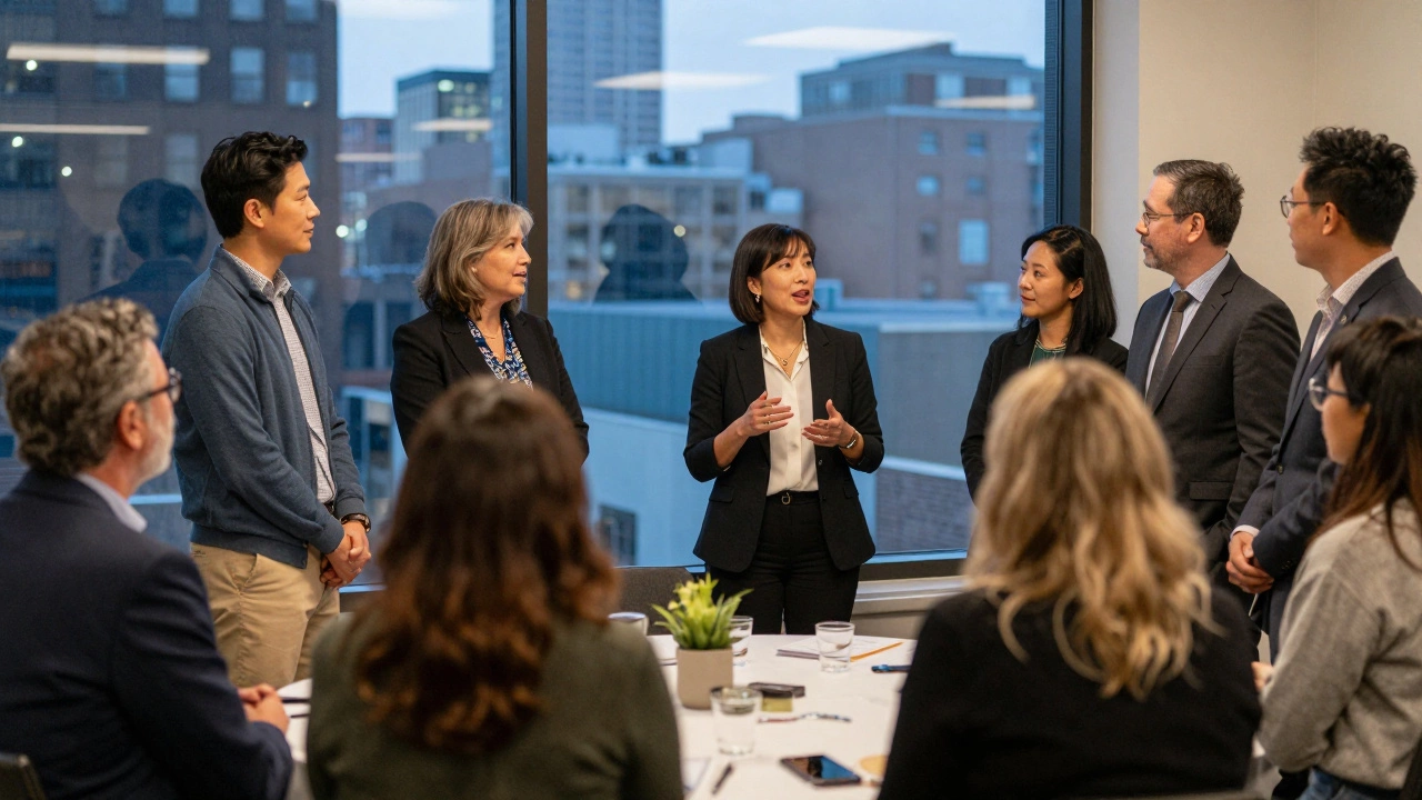Diverse attendees networking and connecting emotionally at an elegant fundraising event.