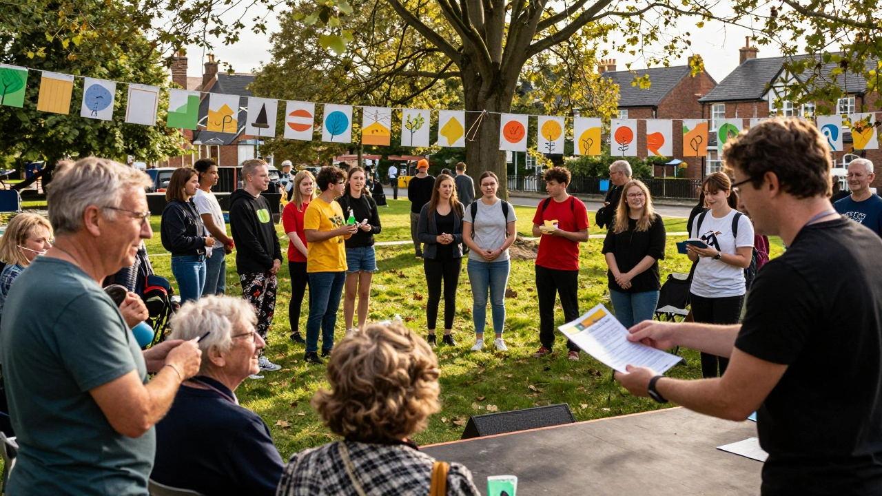 Diverse crowd participating in an outdoor community workshop