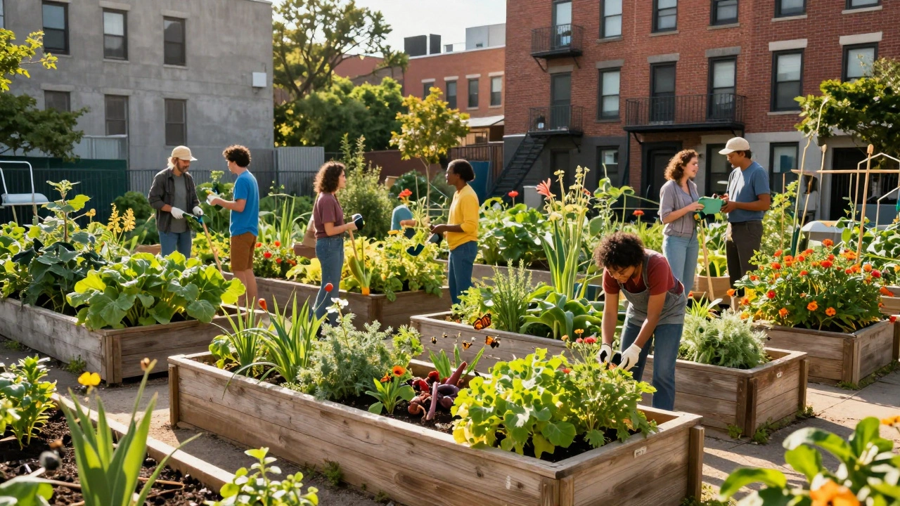 Diverse people gardening in a vibrant urban community garden