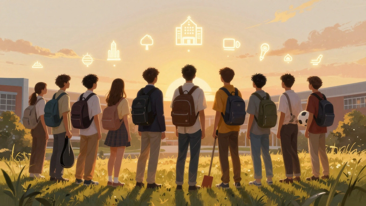 Diverse students standing on a hill overlooking a school campus at sunset