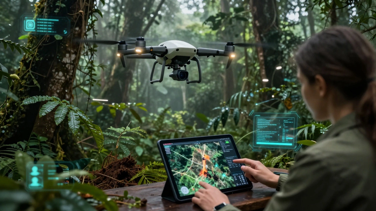 Drone monitoring rainforest via tablet, illustrating tech-driven conservation efforts.