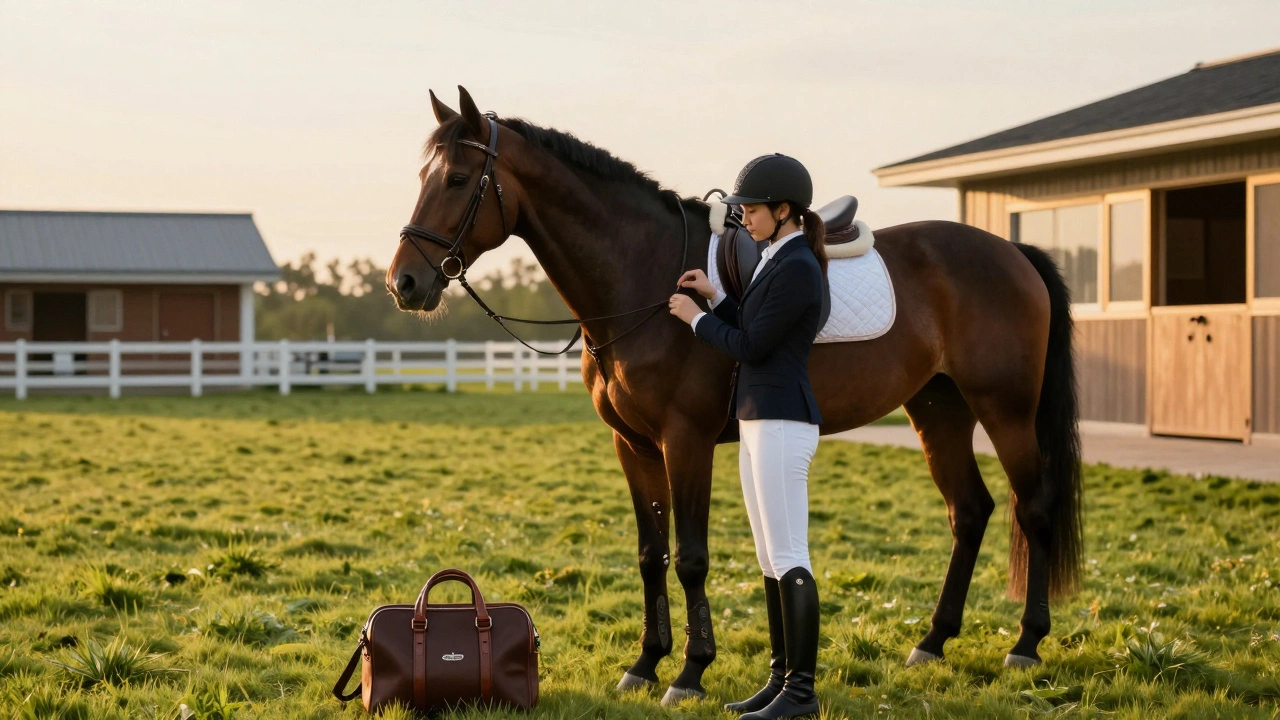 Equestrian rider with horse at luxury stable