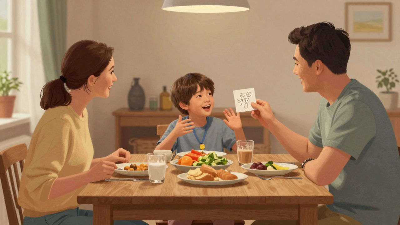 Family sharing a warm dinner conversation, child talking excitedly