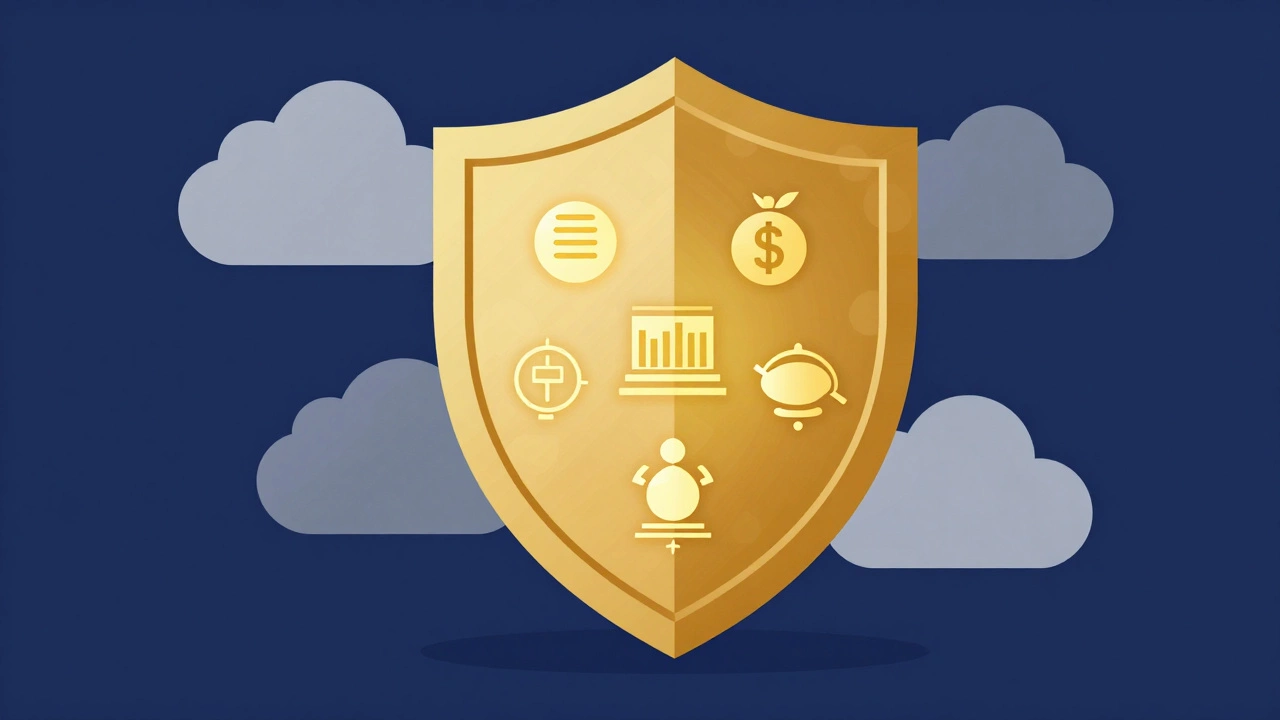 Golden shield icon protecting charitable assets from tax clouds