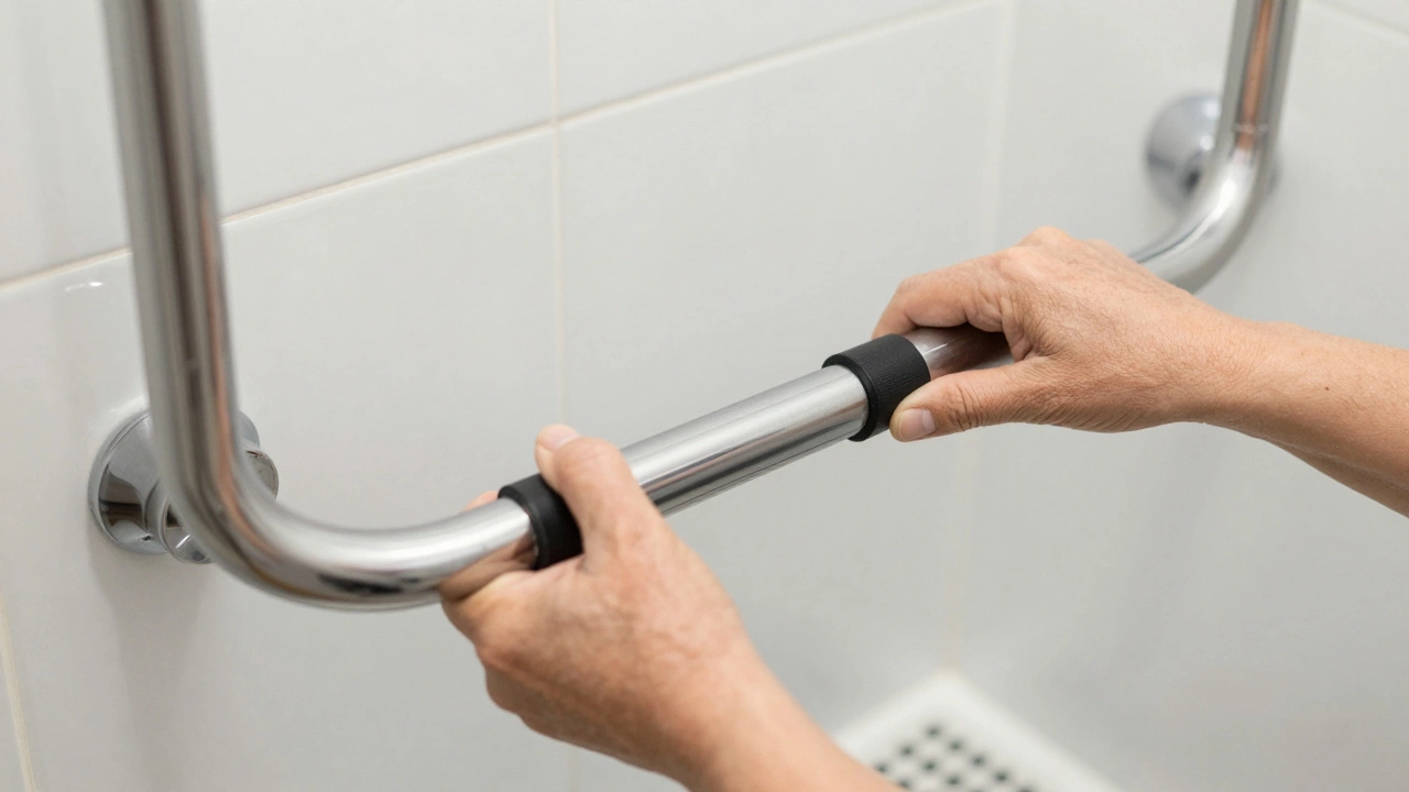 Hands installing a grab bar and safety features in a senior bathroom.