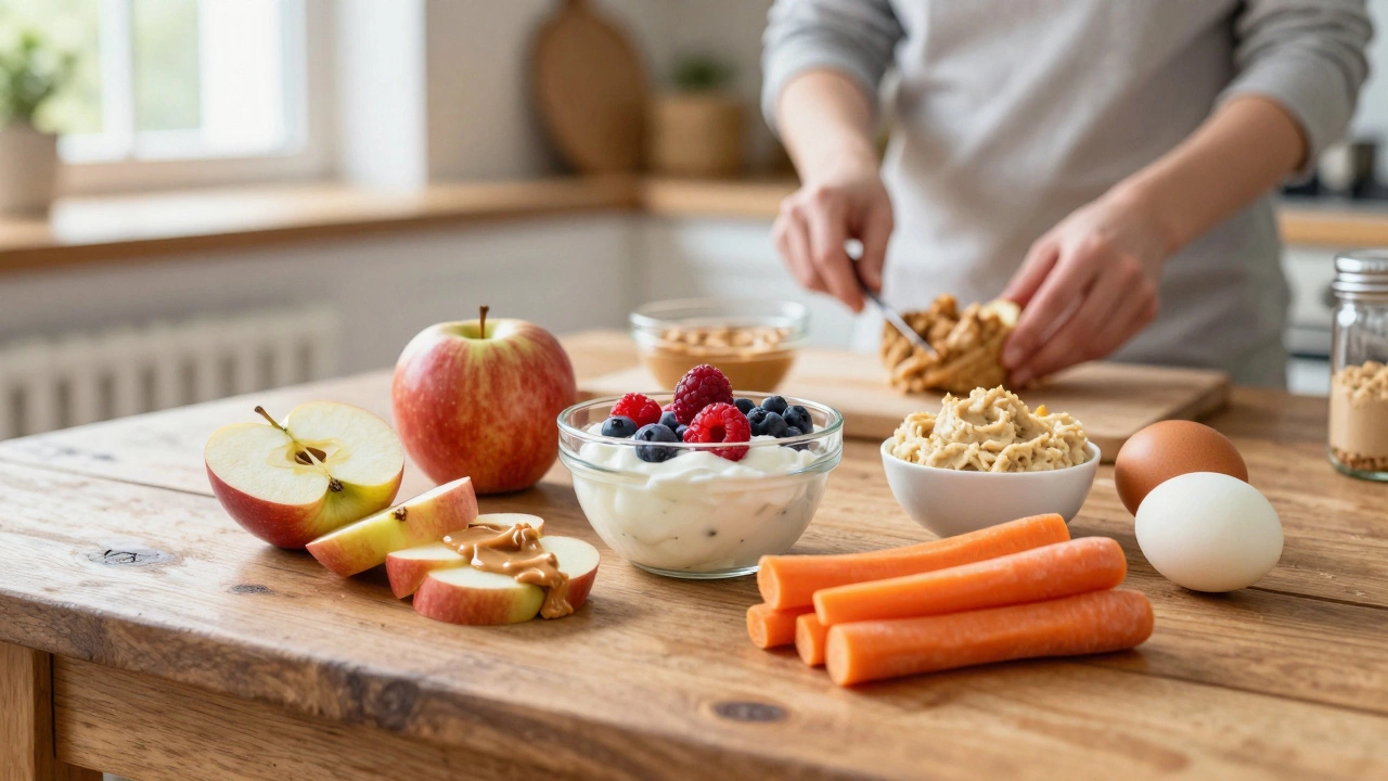 Healthy snacks like fruit and yogurt on a kitchen table for after school
