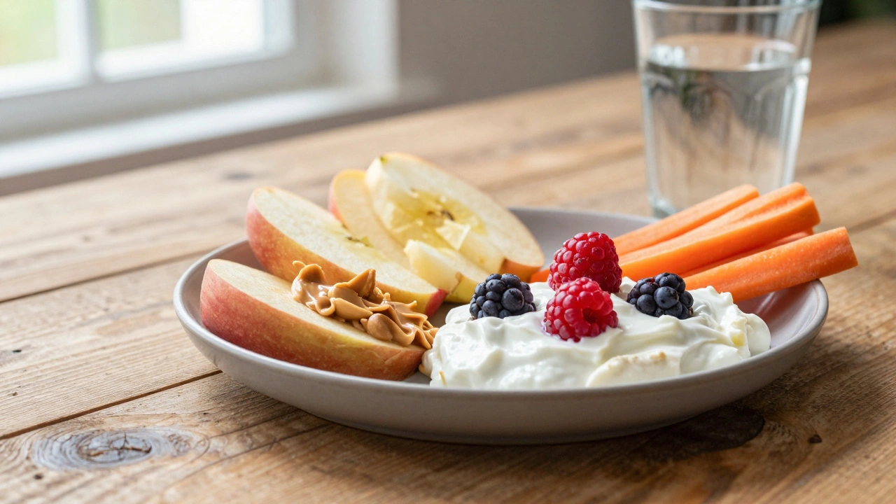 Healthy snacks like fruit, yogurt, and water on a table