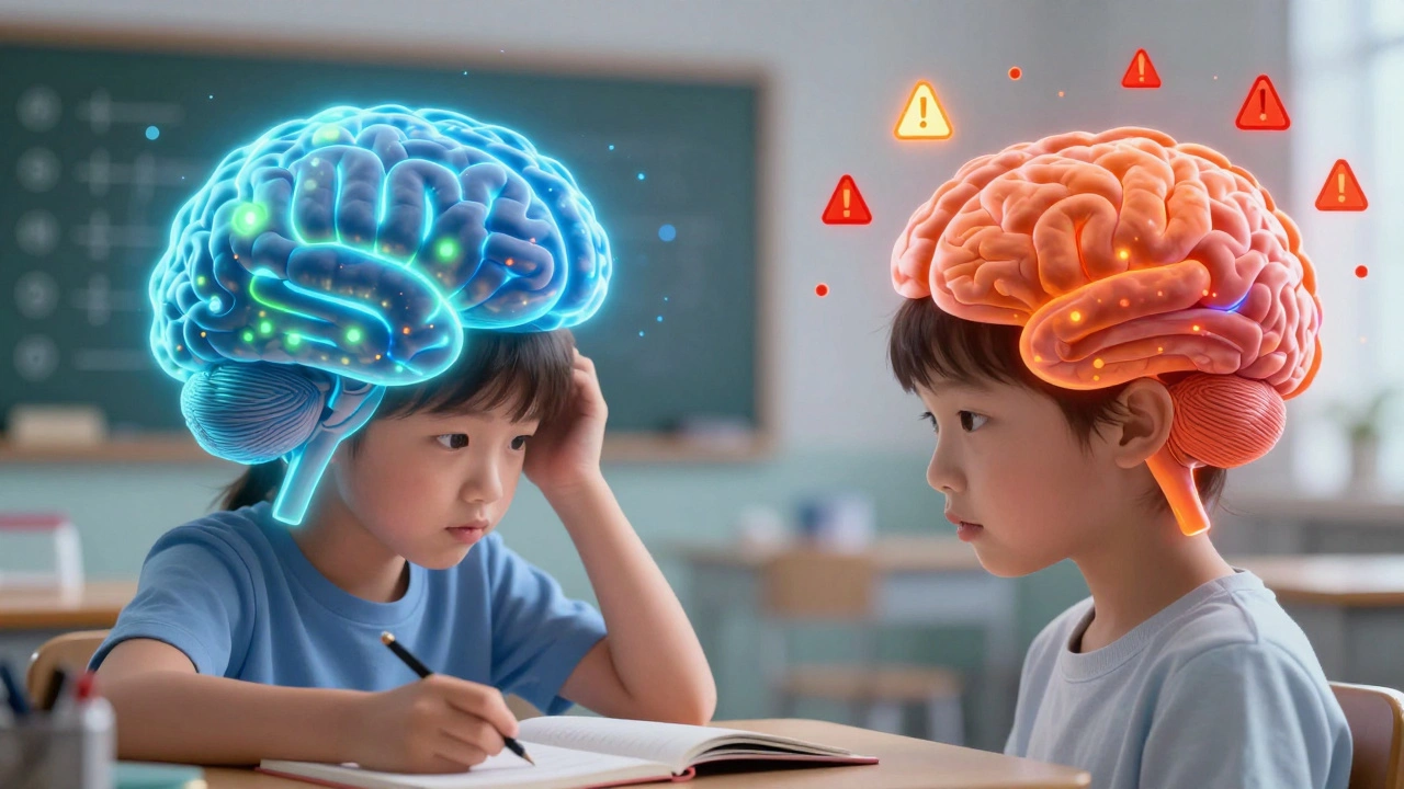 Illustration of brain energy depletion and blood sugar drop during school