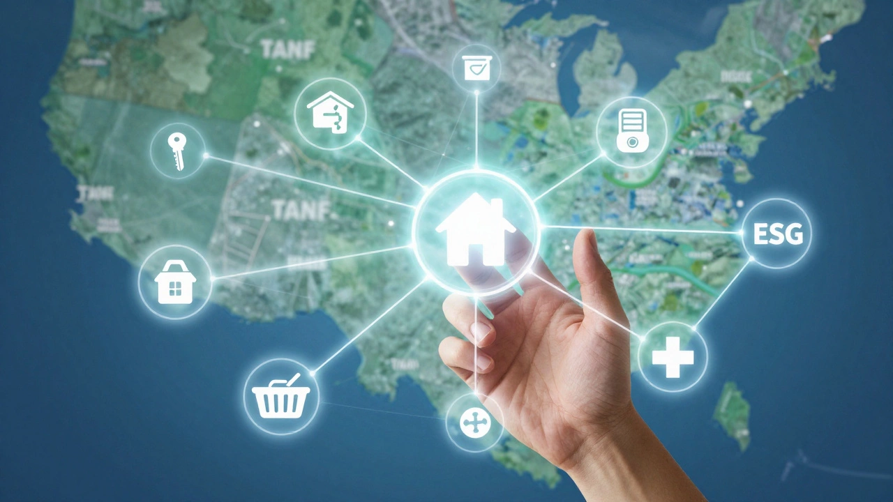 Illustration of connected social service icons representing housing and aid programs.
