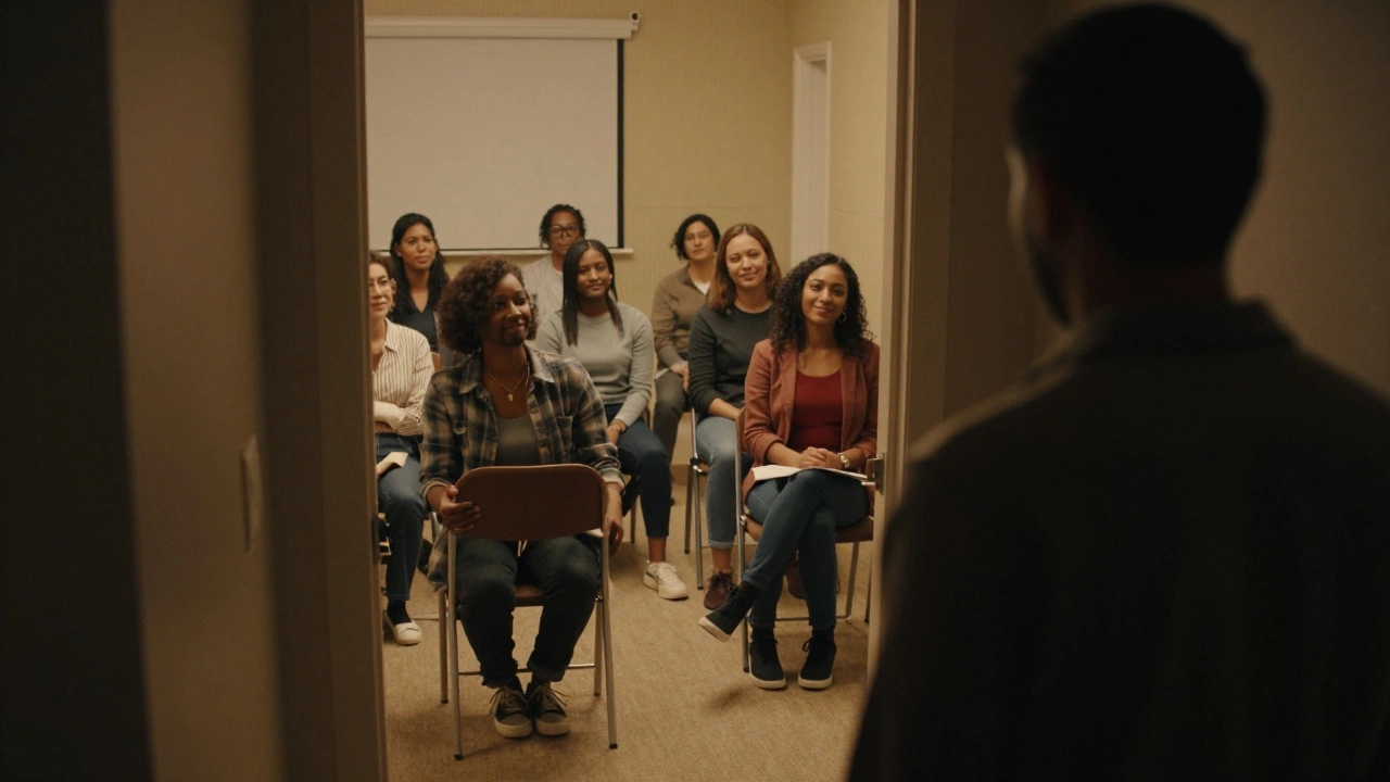 Person entering a support group room and being welcomed by smiling members.
