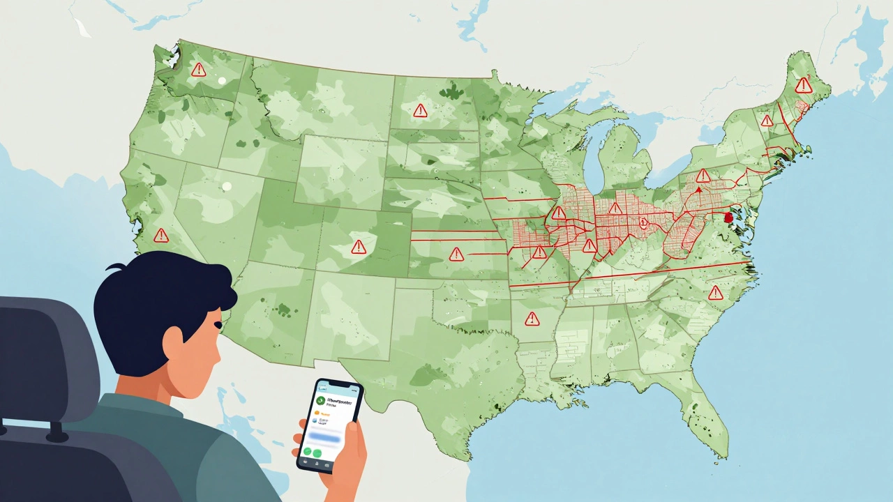 Person in car looking at phone amidst a map showing legal restrictions