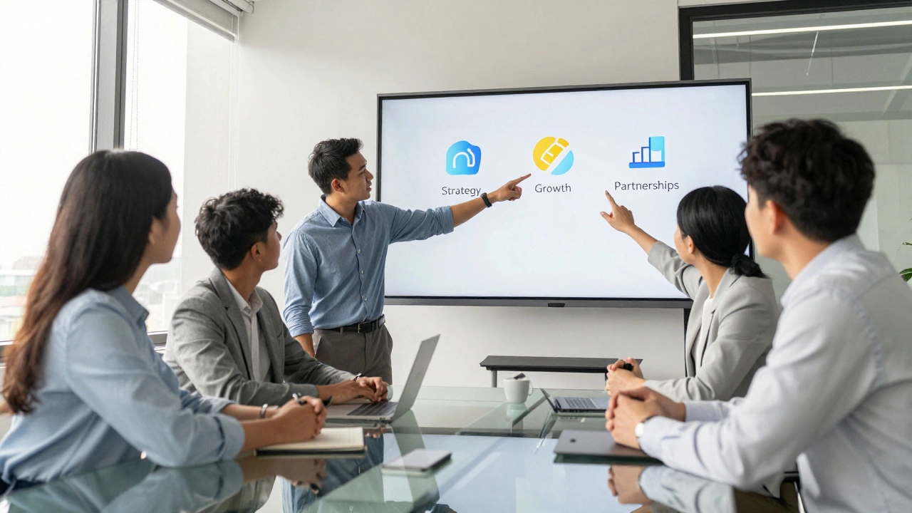 Professionals collaborating in a modern office discussing strategy and partnerships.
