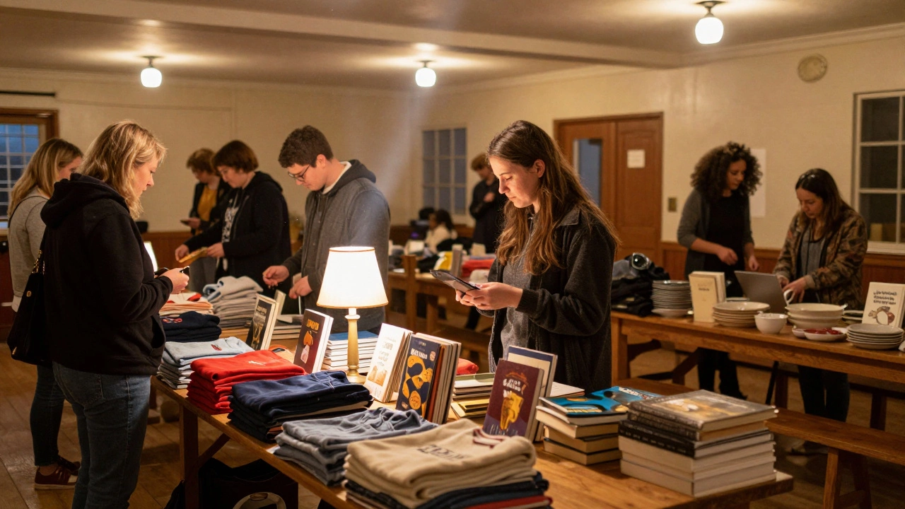 Shoppers browsing donated items at swap shop sale