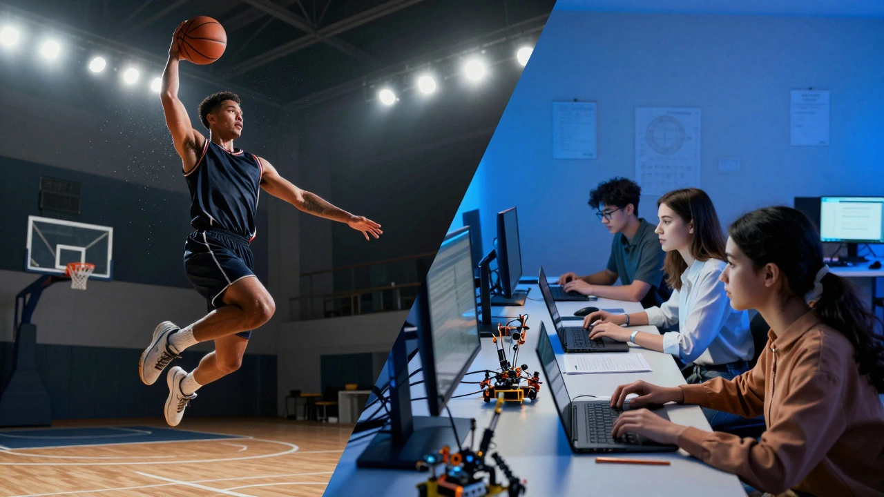 Split view of a basketball game and students coding in a robotics lab