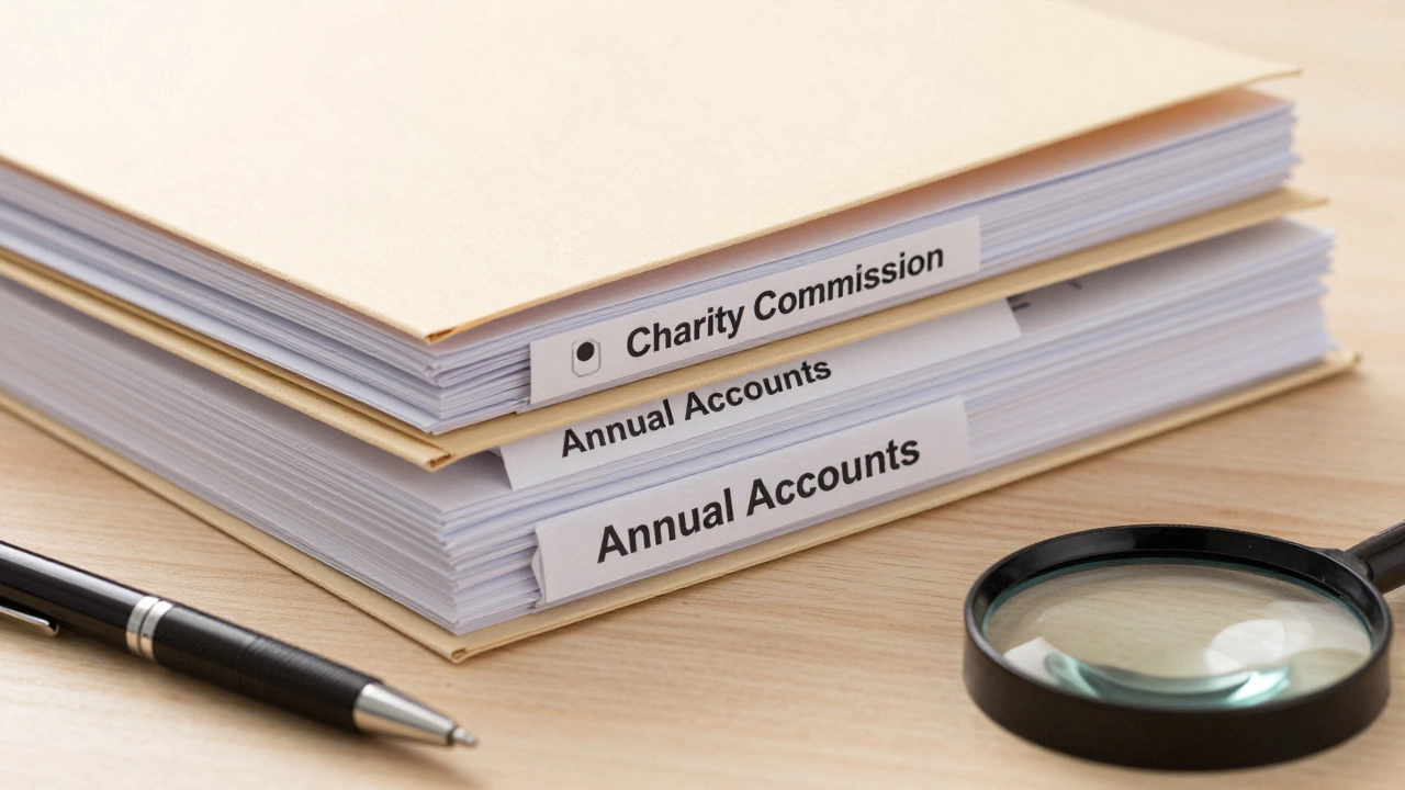 Stack of charity compliance files and ledgers on a desk