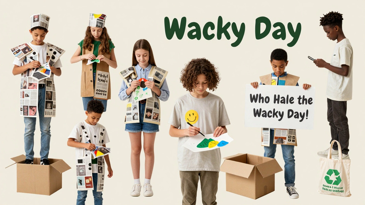 Students crafting costumes from recycled cardboard and fabric scraps.