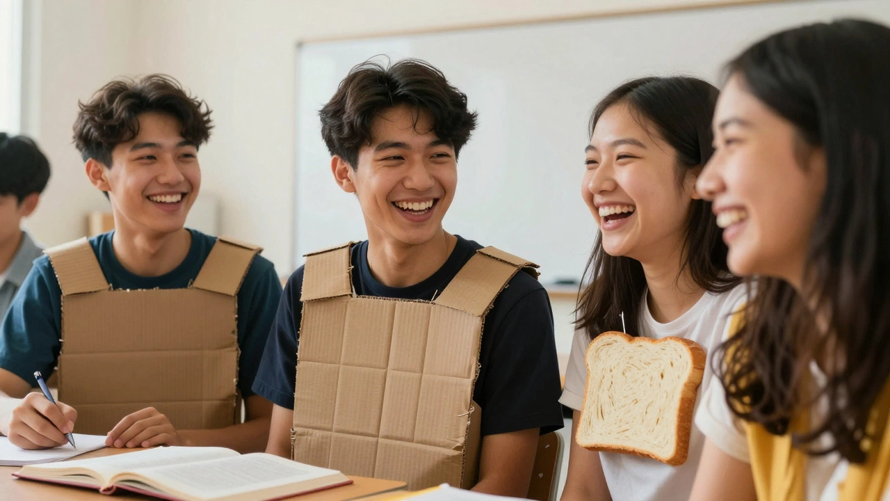 Teenagers laughing in class wearing creative homemade outfits like cardboard armor.